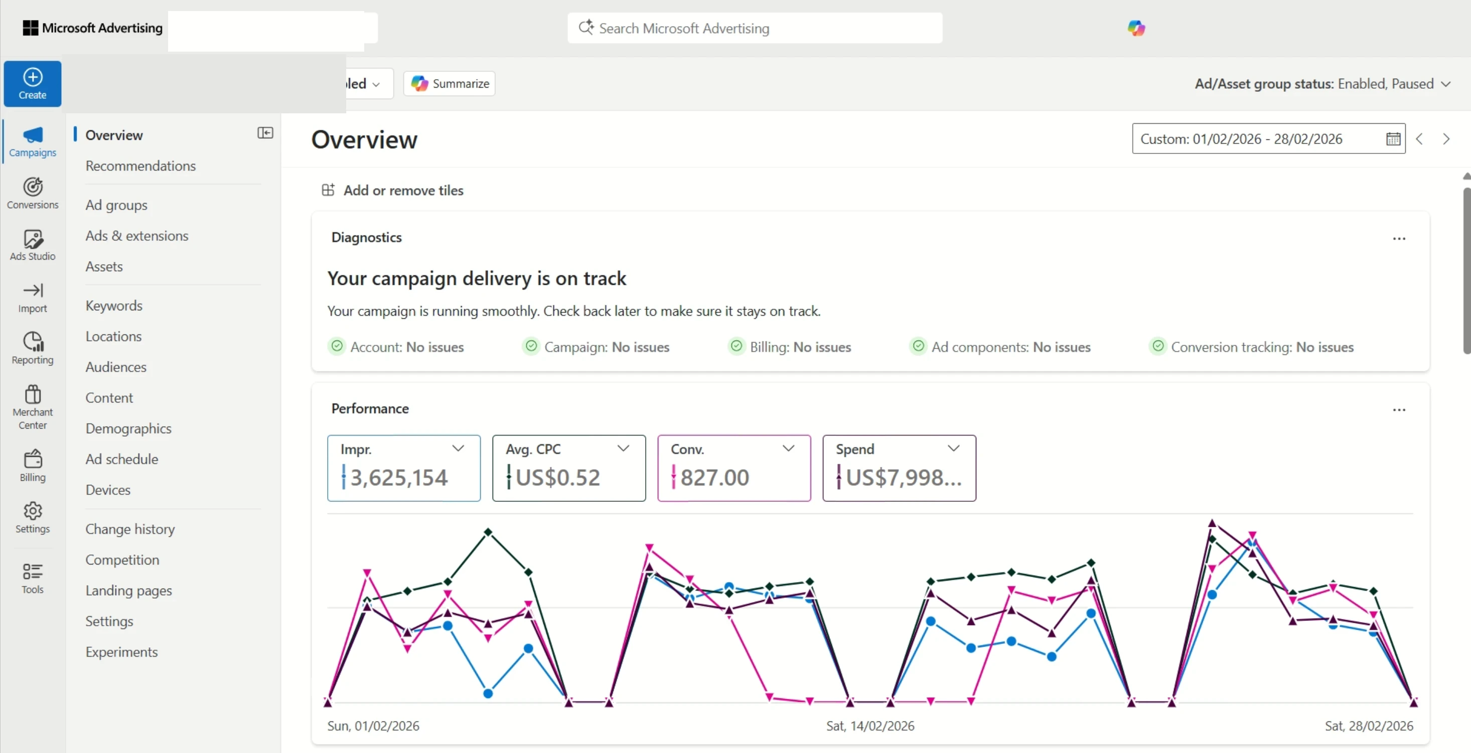Bing Ads campaign results — February 2026